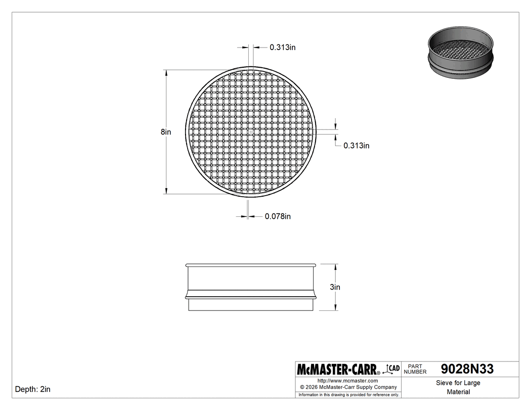 Technical Drawing of Sieve for Large Material, 304 Stainless Steel Frame, 8" Diameter x 2" Deep, 5/16" Opening Size.